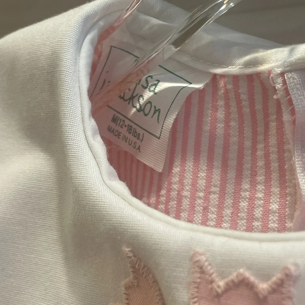 Pink Seersucker Baby Girl Bubble Romper with Tulip Embroidery